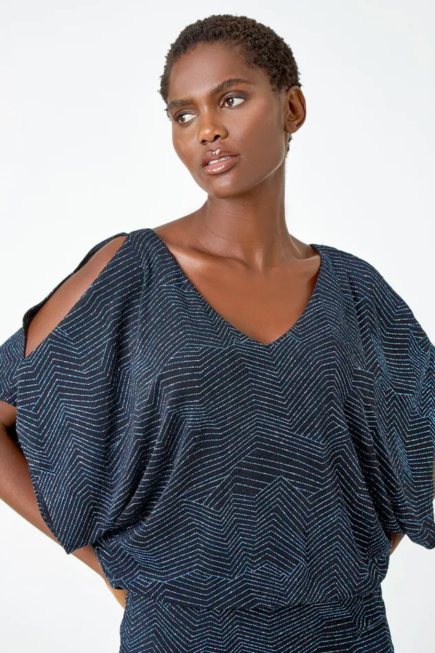 Women Royal Blue VNeck Cold Shoulder Glitter Blouson Top Roman Tops