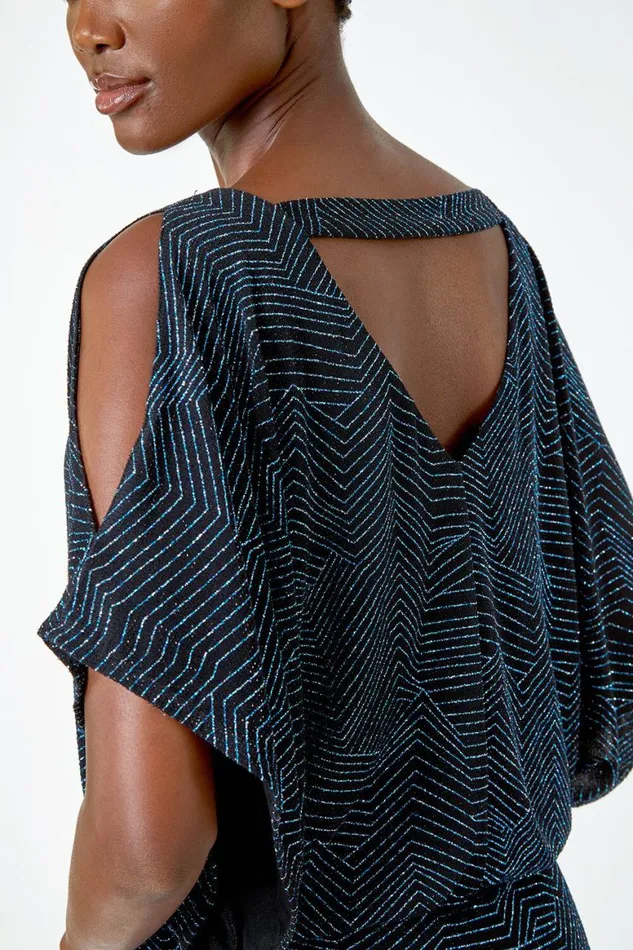 Women Royal Blue VNeck Cold Shoulder Glitter Blouson Top Roman Tops