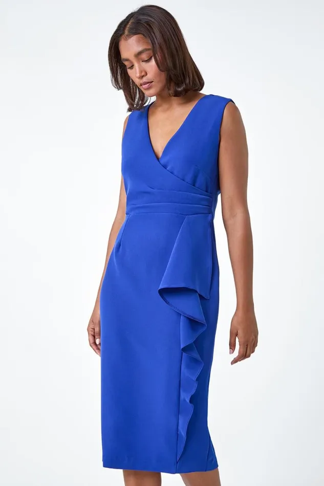 Women Royal Blue Wrap Draped Crepe Stretch Dress Roman Dresses