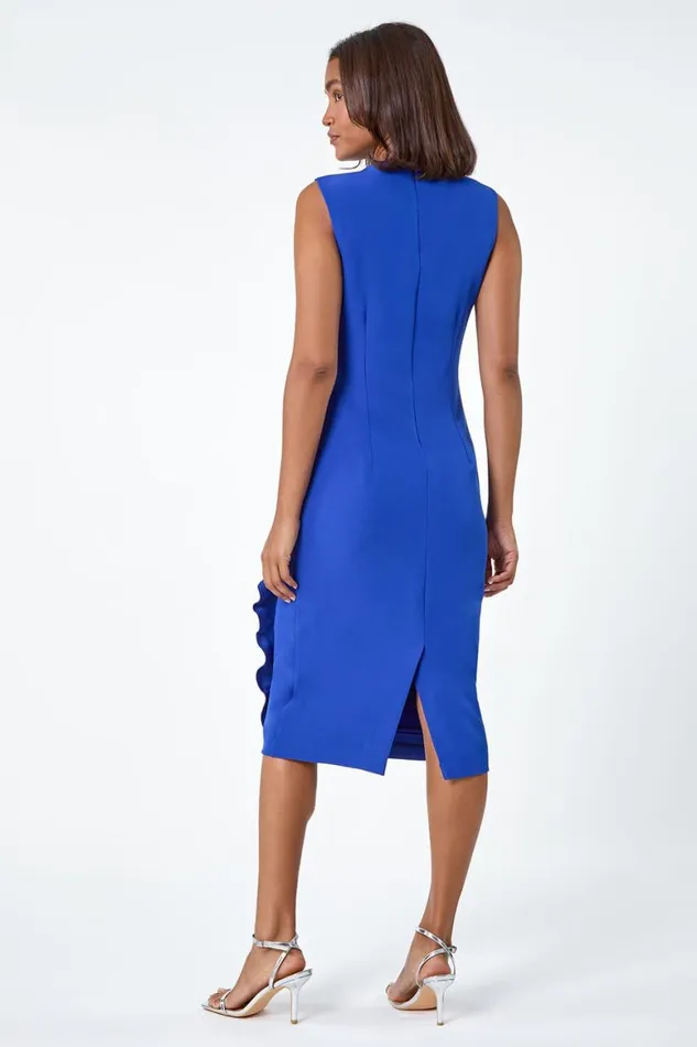 Women Royal Blue Wrap Draped Crepe Stretch Dress Roman Dresses