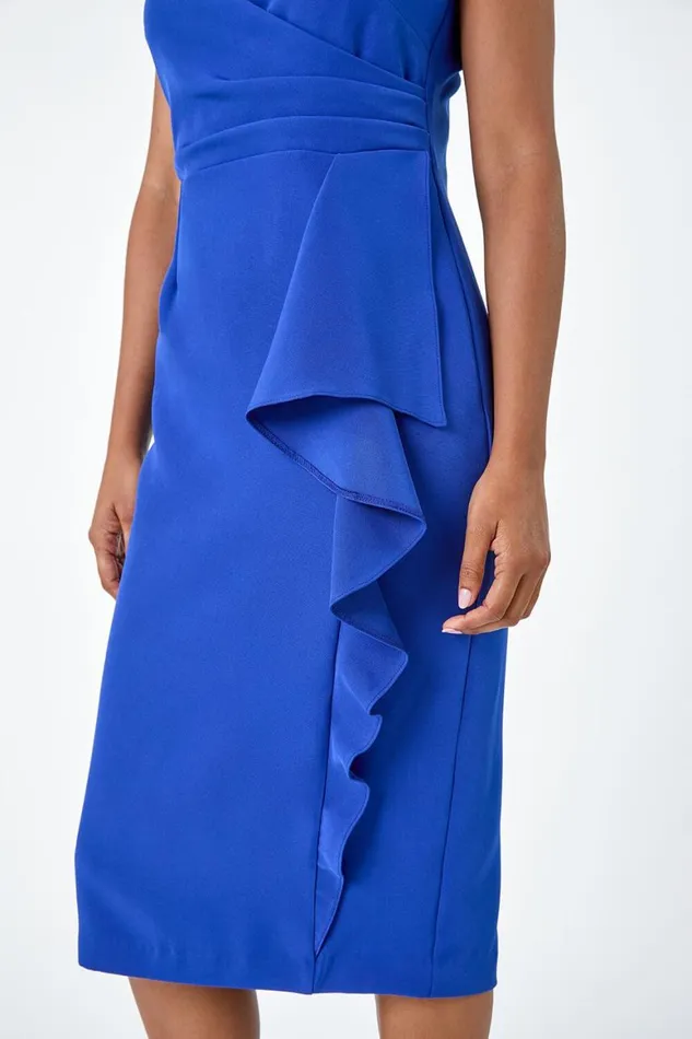 Women Royal Blue Wrap Draped Crepe Stretch Dress Roman Dresses