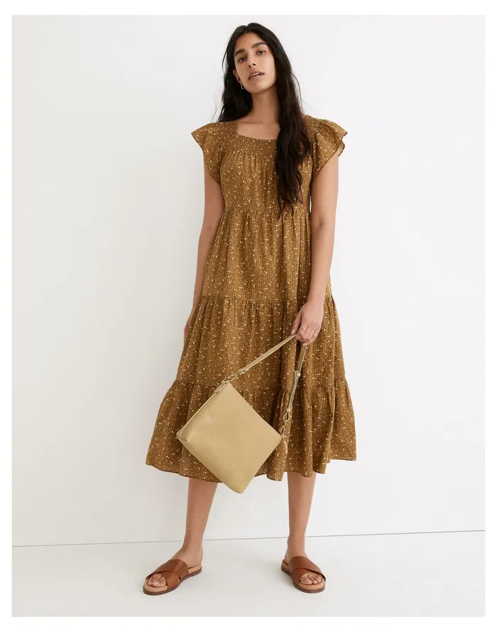 Women Ruffle Sleeve Tiered Midi Dress In Daisy Stitch Weathered Olive Madewell Dresses