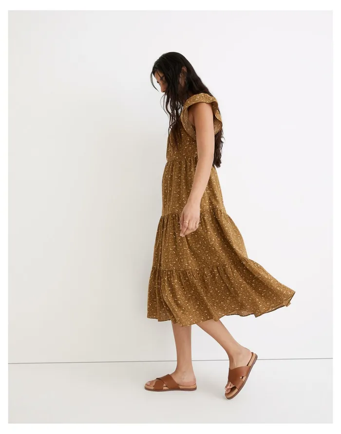 Women Ruffle Sleeve Tiered Midi Dress In Daisy Stitch Weathered Olive Madewell Dresses Women Ruffle Sleeve Tiered Midi Dress In Daisy Stitch Weathered Olive Madewell Dresses