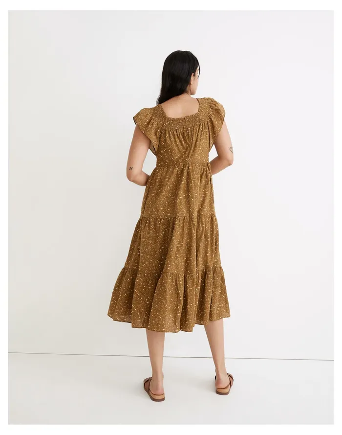 Women Ruffle Sleeve Tiered Midi Dress In Daisy Stitch Weathered Olive Madewell Dresses Women Ruffle Sleeve Tiered Midi Dress In Daisy Stitch Weathered Olive Madewell Dresses