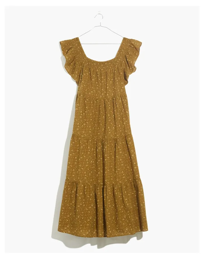 Women Ruffle Sleeve Tiered Midi Dress In Daisy Stitch Weathered Olive Madewell Dresses Women Ruffle Sleeve Tiered Midi Dress In Daisy Stitch Weathered Olive Madewell Dresses