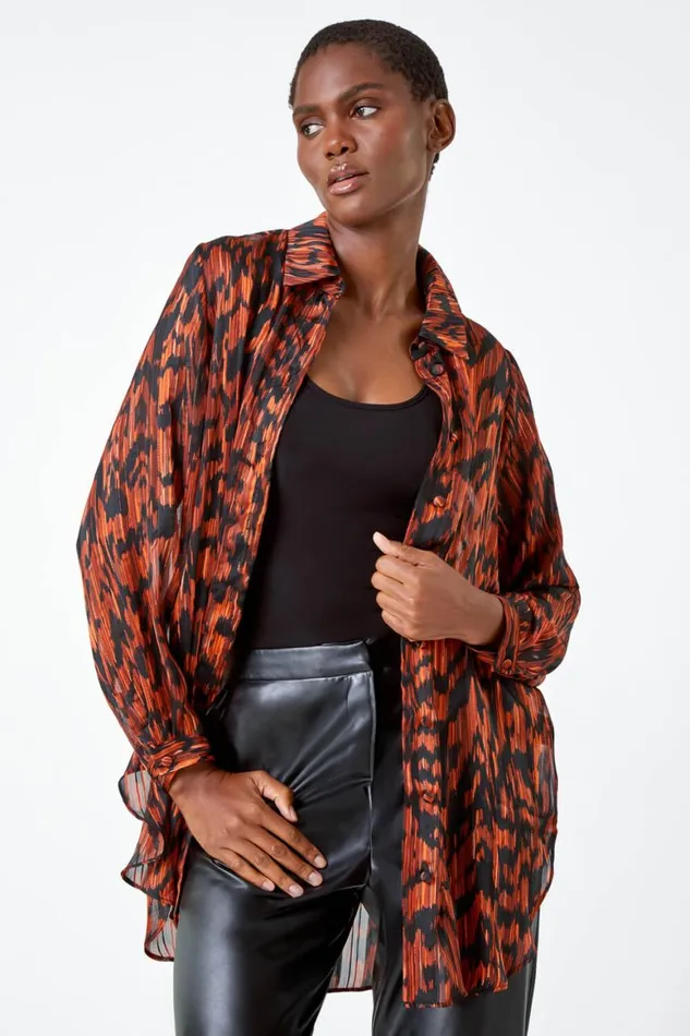 Women Rust Abstract Animal Print Longline Blouse Roman Tops