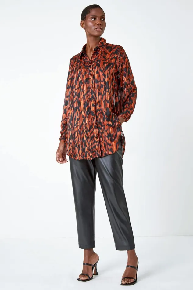 Women Rust Abstract Animal Print Longline Blouse Roman Tops