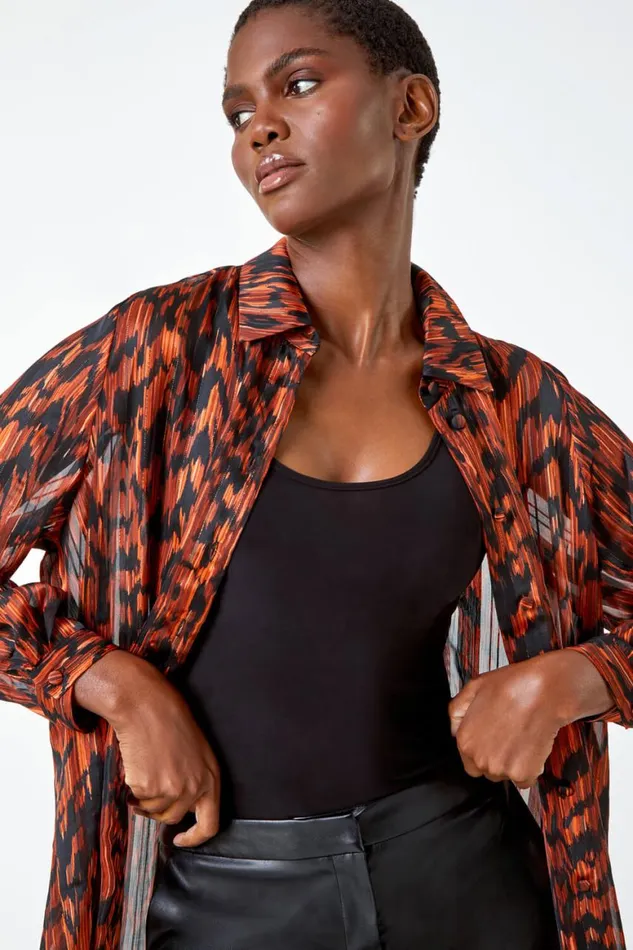 Women Rust Abstract Animal Print Longline Blouse Roman Tops