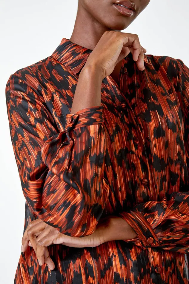 Women Rust Abstract Animal Print Longline Blouse Roman Tops