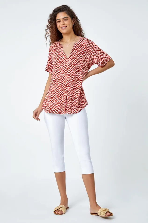 Women Rust Abstract Spot Print VNeck Woven Top Roman Tops