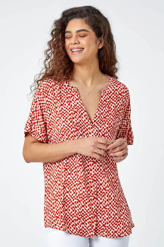 Women Rust Abstract Spot Print VNeck Woven Top Roman Tops