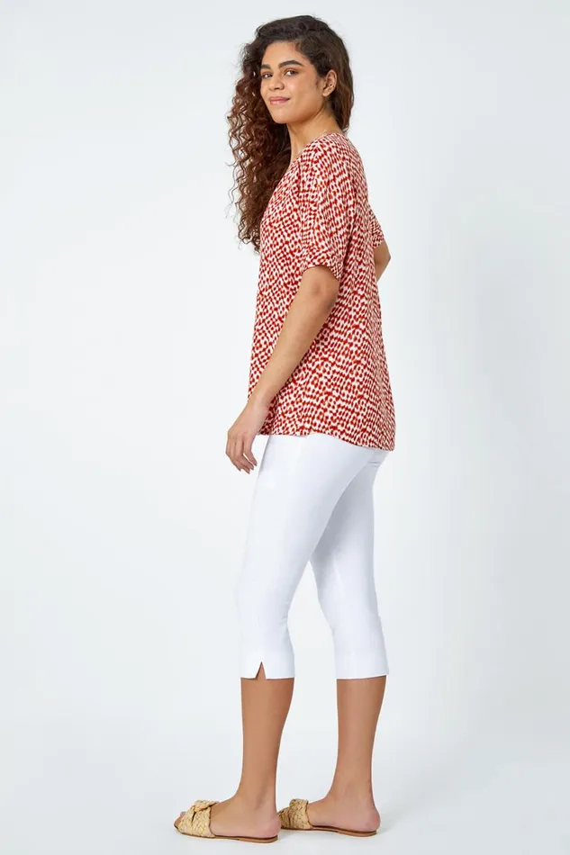 Women Rust Abstract Spot Print VNeck Woven Top Roman Tops