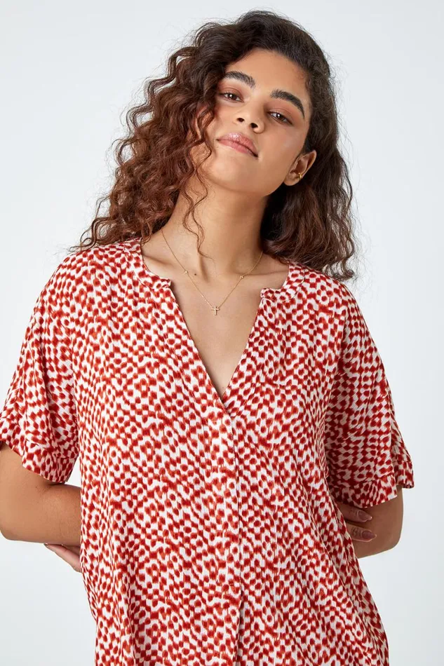 Women Rust Abstract Spot Print VNeck Woven Top Roman Tops