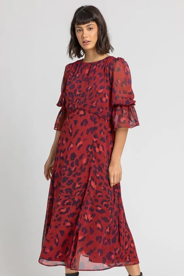 Women Rust Leopard Print Chiffon Maxi Dress Roman Dresses