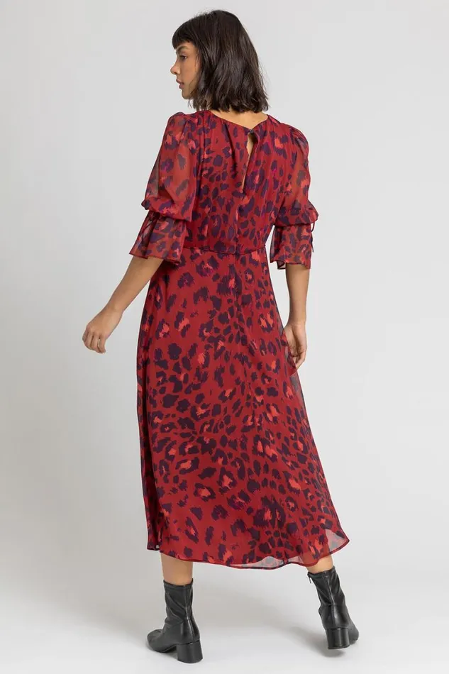 Women Rust Leopard Print Chiffon Maxi Dress Roman Dresses
