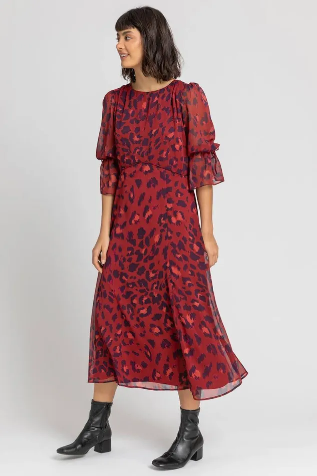 Women Rust Leopard Print Chiffon Maxi Dress Roman Dresses