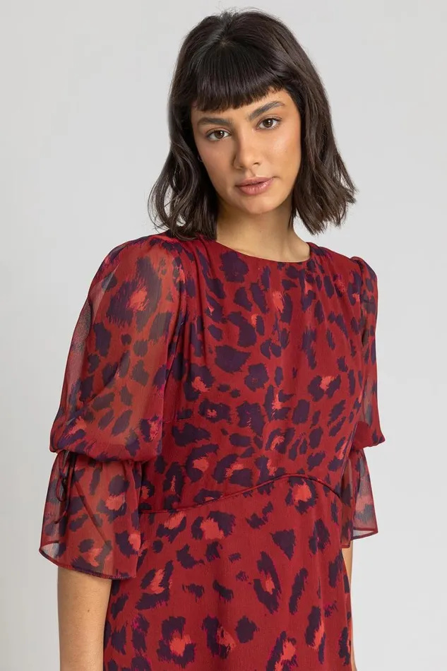 Women Rust Leopard Print Chiffon Maxi Dress Roman Dresses