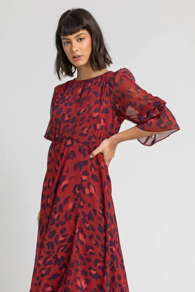 Women Rust Leopard Print Chiffon Maxi Dress Roman Dresses