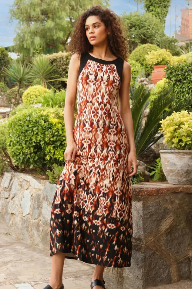 Women Rust Sleeveless Aztec Maxi Stretch Dress Roman Dresses