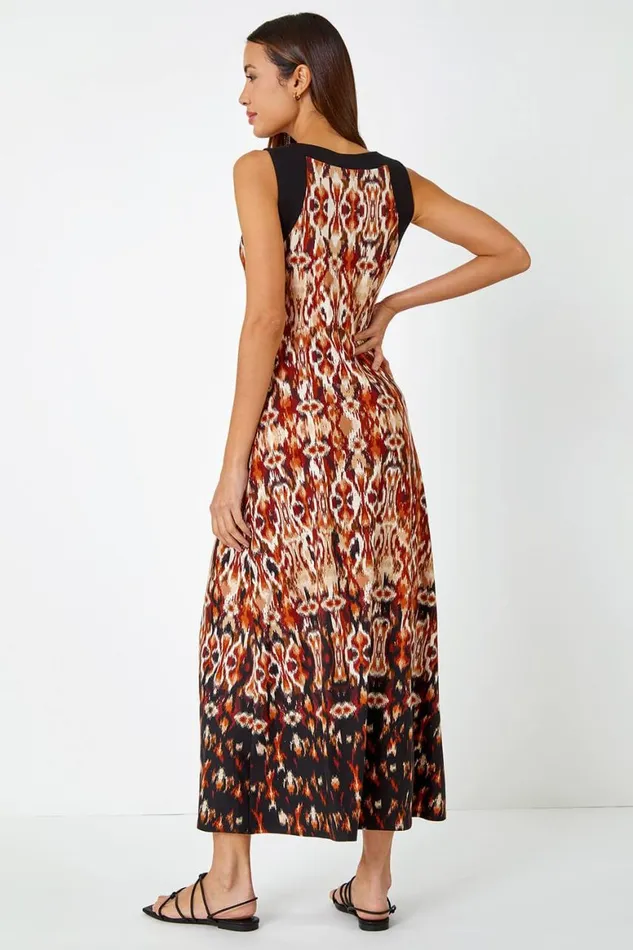 Women Rust Sleeveless Aztec Maxi Stretch Dress Roman Dresses