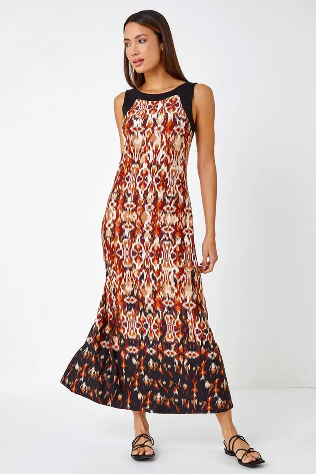 Women Rust Sleeveless Aztec Maxi Stretch Dress Roman Dresses