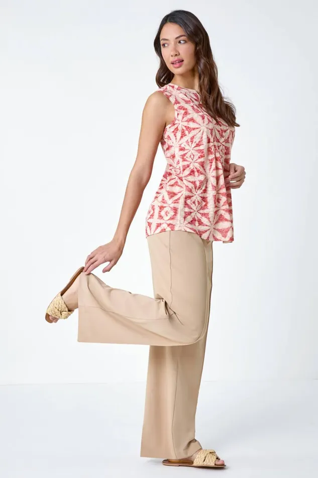 Women Rust Sleeveless Aztec Print Pintuck Shirt Roman Tops