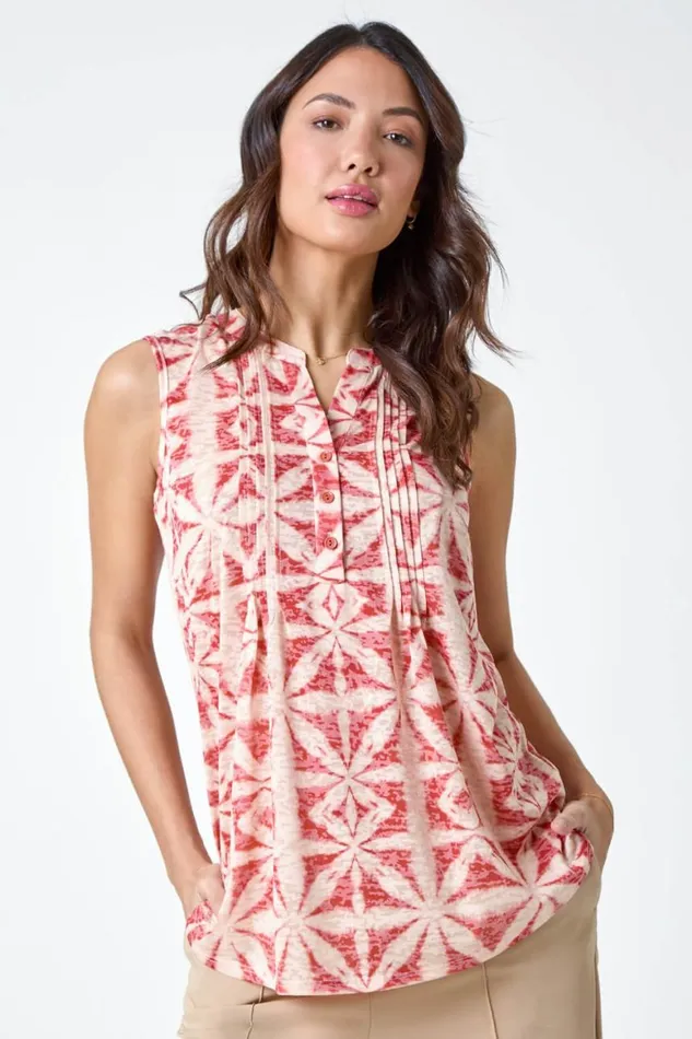 Women Rust Sleeveless Aztec Print Pintuck Shirt Roman Tops