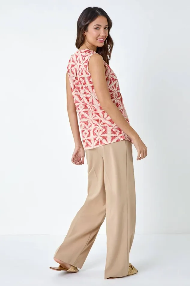 Women Rust Sleeveless Aztec Print Pintuck Shirt Roman Tops