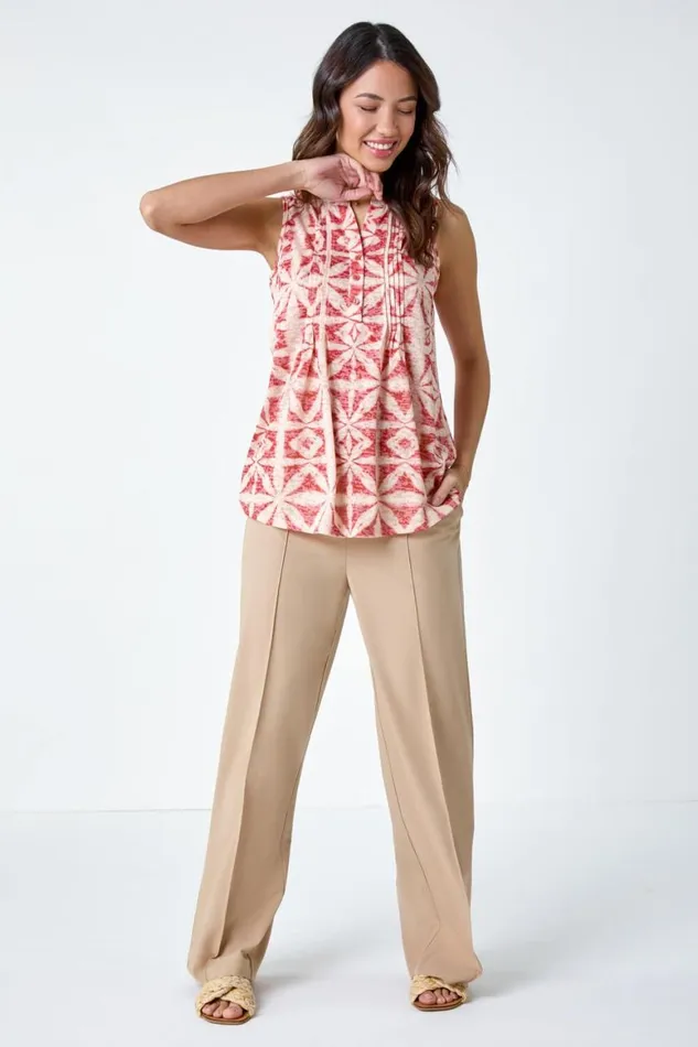 Women Rust Sleeveless Aztec Print Pintuck Shirt Roman Tops