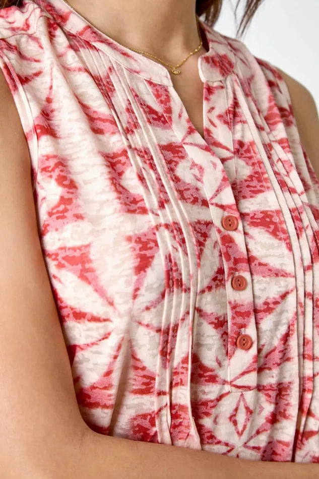 Women Rust Sleeveless Aztec Print Pintuck Shirt Roman Tops