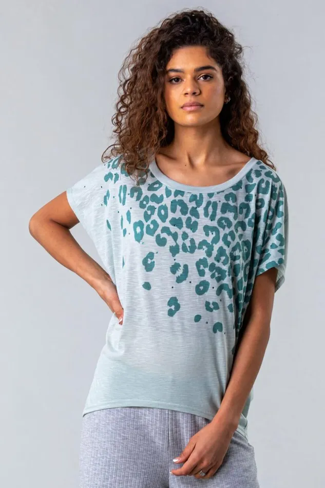 Women Sage Animal Print Diamante Embellished TShirt Roman Tops