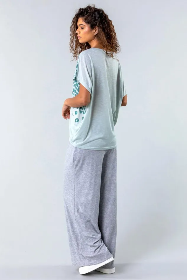 Women Sage Animal Print Diamante Embellished TShirt Roman Tops
