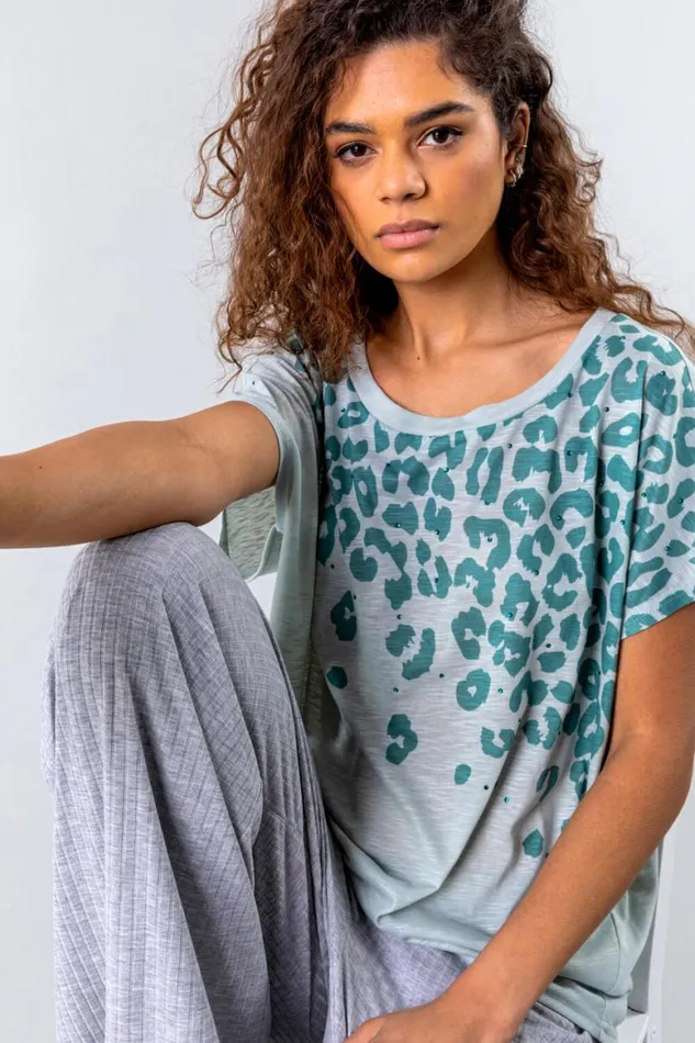 Women Sage Animal Print Diamante Embellished TShirt Roman Tops