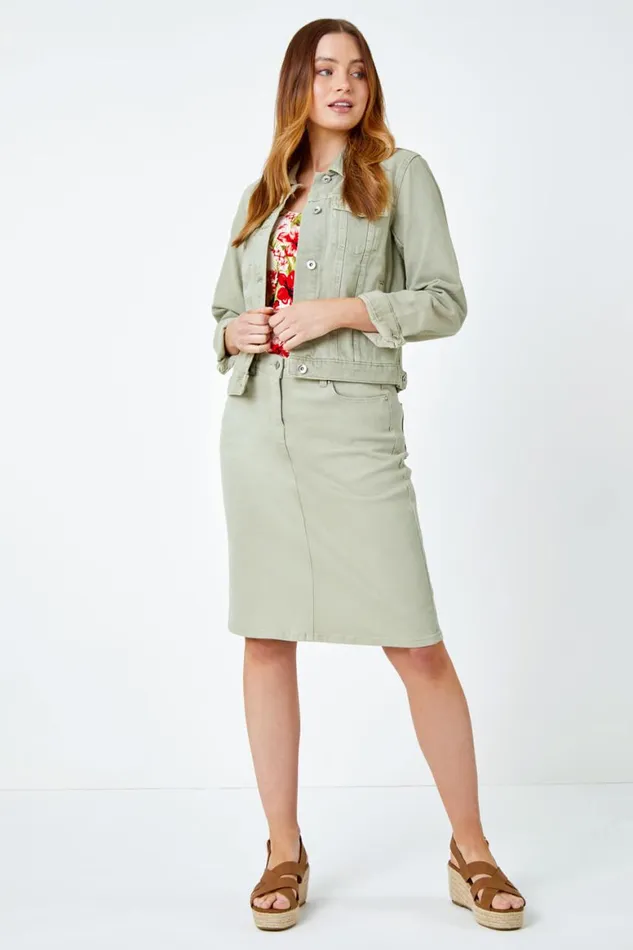 Women Sage Cotton Denim Stretch A Line Skirt Roman Skirts