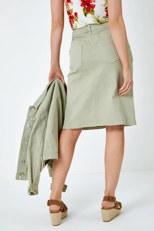 Women Sage Cotton Denim Stretch A Line Skirt Roman Skirts