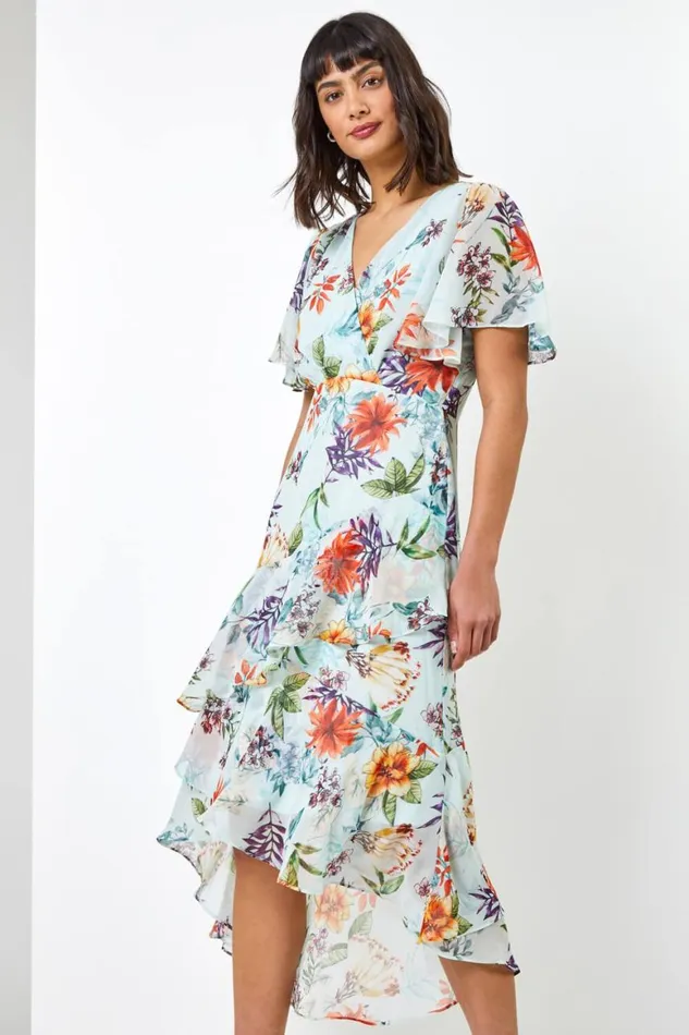 Women Sage Floral Chiffon Frill Tiered Midi Dress Roman Dresses