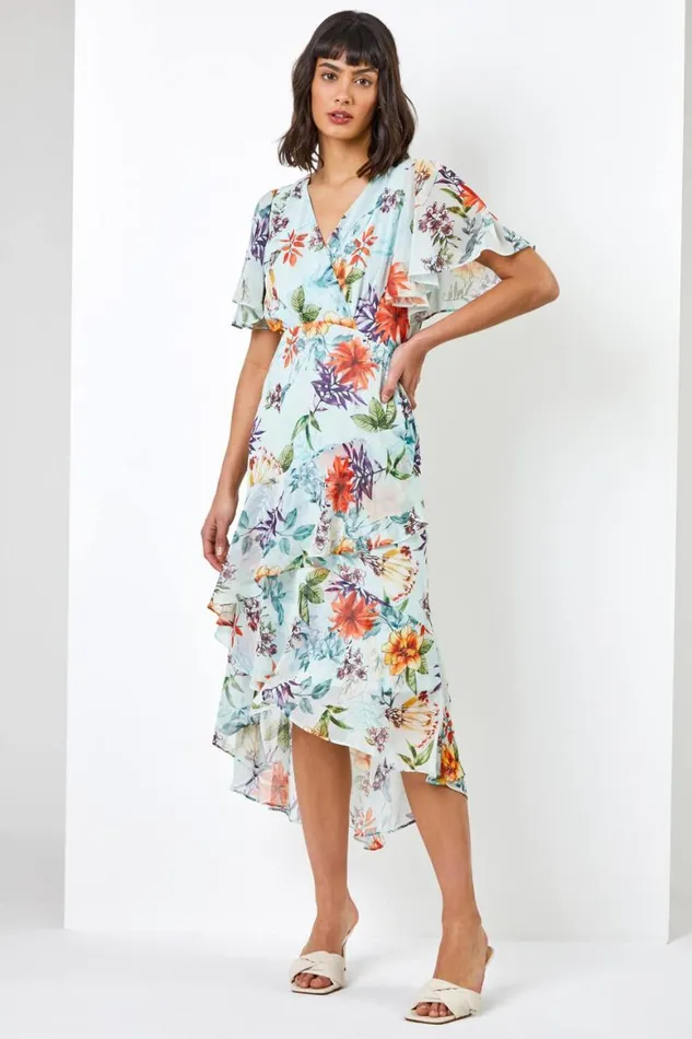 Women Sage Floral Chiffon Frill Tiered Midi Dress Roman Dresses