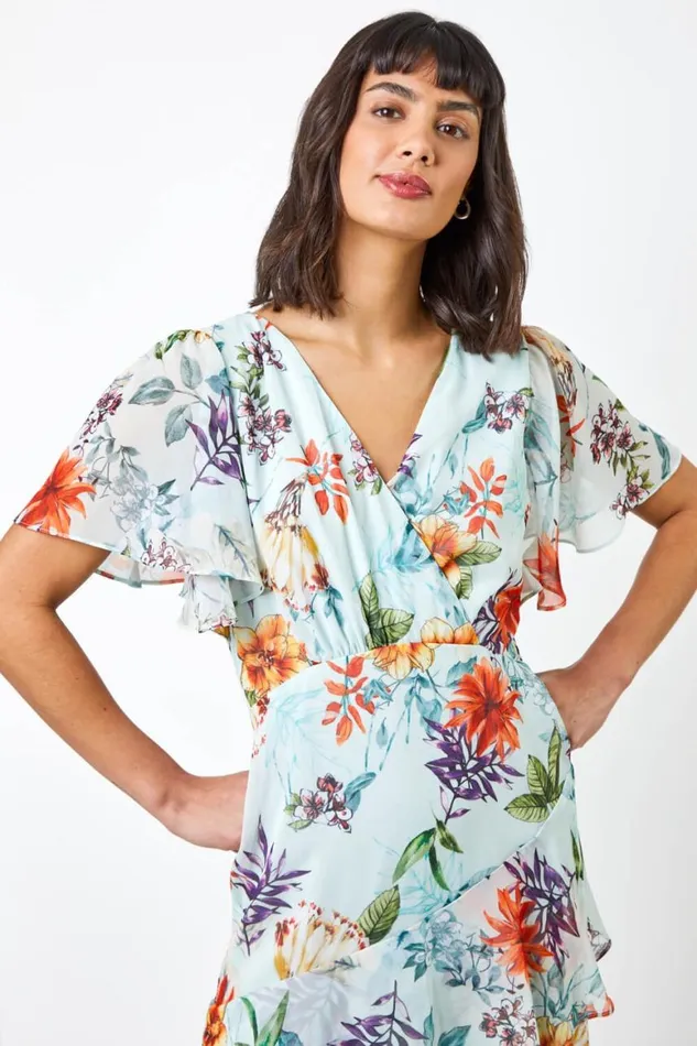 Women Sage Floral Chiffon Frill Tiered Midi Dress Roman Dresses