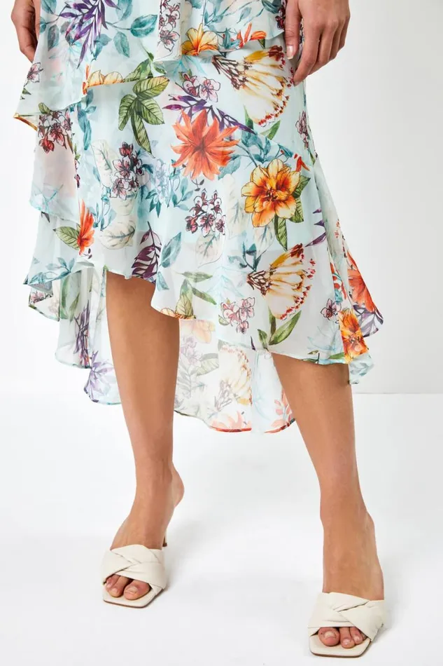 Women Sage Floral Chiffon Frill Tiered Midi Dress Roman Dresses