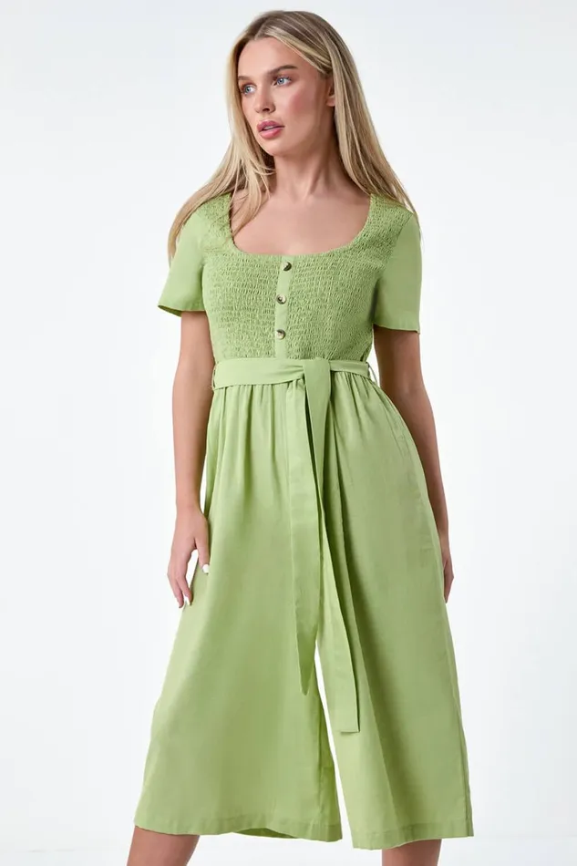Women Sage Petite Shirred Button Detail Culotte Jumpsuit Roman Dresses