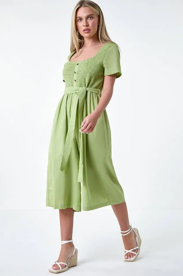 Women Sage Petite Shirred Button Detail Culotte Jumpsuit Roman Dresses