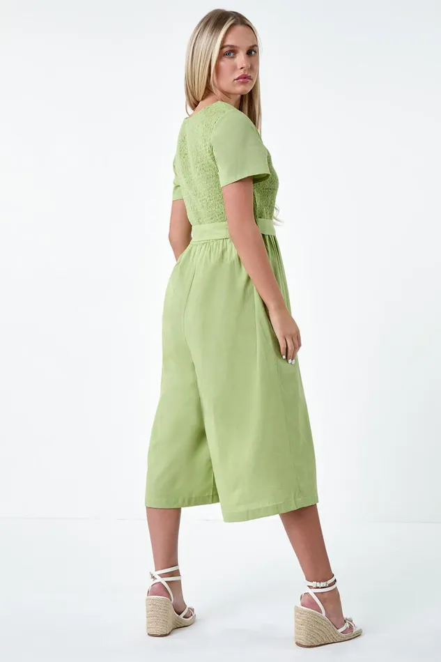 Women Sage Petite Shirred Button Detail Culotte Jumpsuit Roman Dresses