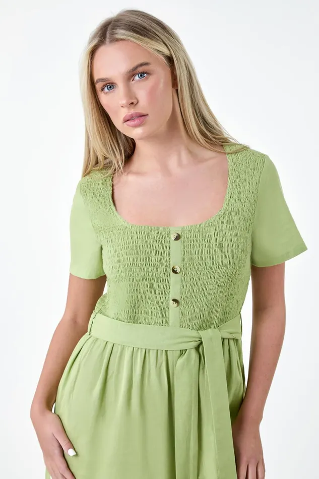 Women Sage Petite Shirred Button Detail Culotte Jumpsuit Roman Dresses