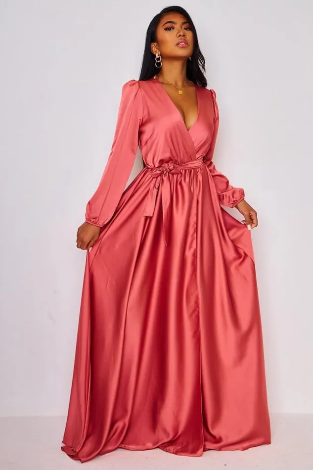 Women Satin Belted Maxi Dress In Pink Pink Brentiny Paris Satin Dresses