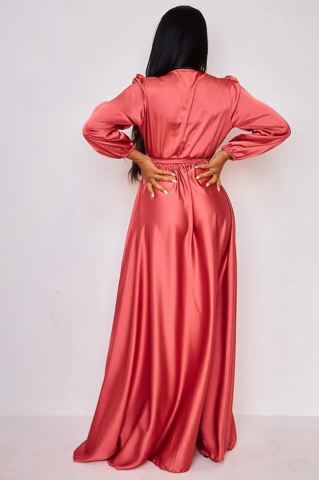 Women Satin Belted Maxi Dress In Pink Pink Brentiny Paris Satin Dresses