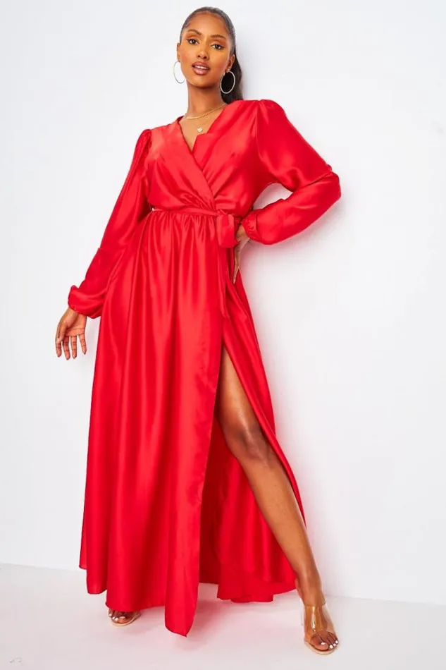 Women Satin Maxi Dress With Tie Waist In Red Red Brentiny Paris Satin Dresses