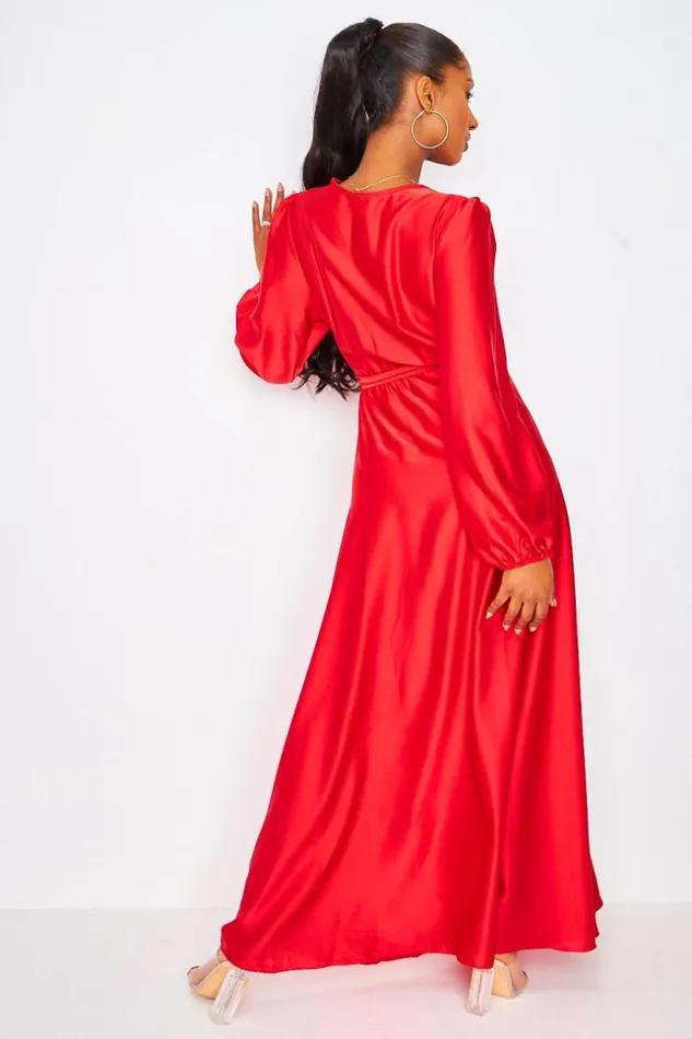 Women Satin Maxi Dress With Tie Waist In Red Red Brentiny Paris Satin Dresses