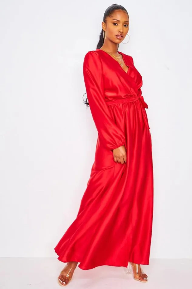 Women Satin Maxi Dress With Tie Waist In Red Red Brentiny Paris Satin Dresses