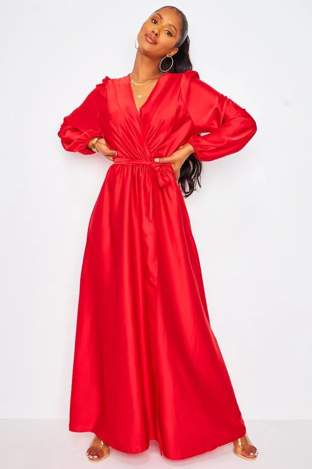 Women Satin Maxi Dress With Tie Waist In Red Red Brentiny Paris Satin Dresses