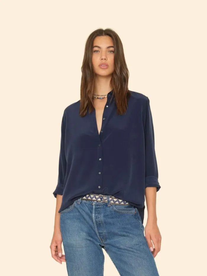 Women Shirts Xirena Navy Beau Silk Shirt